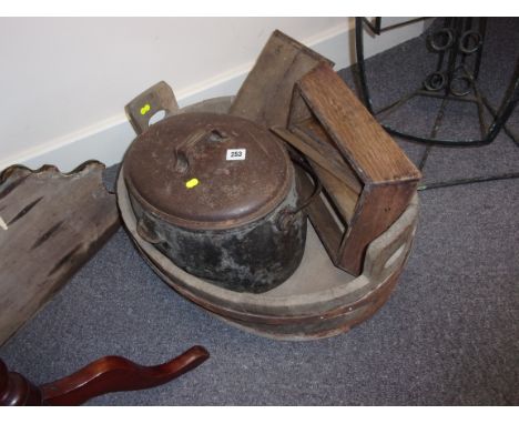 METAL COOKING POT, CIRCULAR COOPERS TROUGH, OAK KNIFE BOX