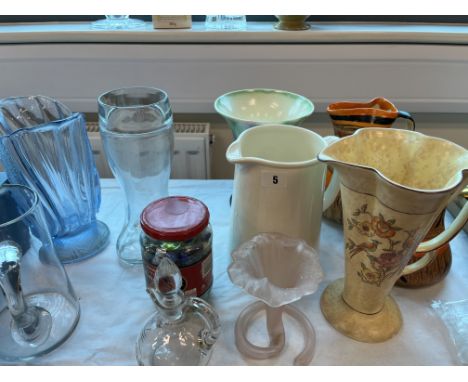 COLLECTION OF DECO POTTERY JUGS, CUT GLASS BOWLS, VASES, MARBLES ETC APPROX 14 ITEMS