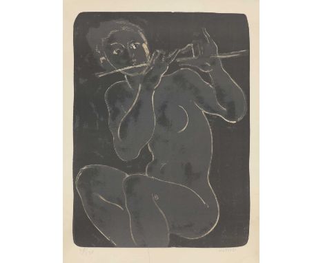 *Marino Marini (Italian, 1901-1980) Seated nude playing the flute lithograph in colours, signed 'MARINI' l.r., and numbered '