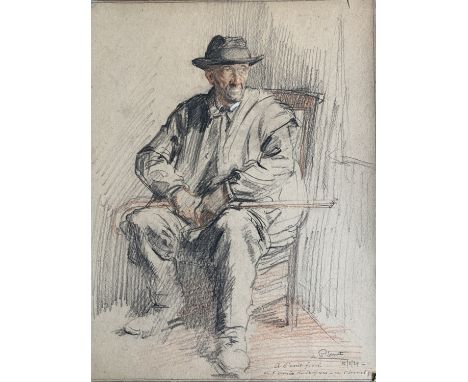 French School, early 20th Century Sketch of a Seated Gentleman Holding a Walking Cane Charcoal and pencil, heightened with wh