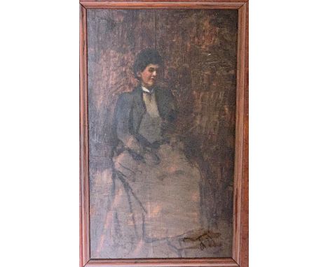 In the Manner of RENOIR (1841-1919) Portrait of a Seated Lady in Riding Attire Oil on panel (Dimensions: 21 x 10cm)(21 x 10cm