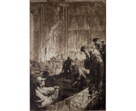 Sir Frank BRANGWYN (1867-1956) Unloading Bricks, Ghent, 1909 (Gaunt 140) Etching on zinc Signed in pencil (Dimensions: 57 x 4