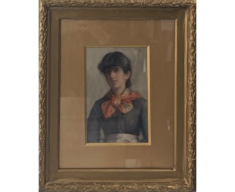 Elizabeth Adela STANHOPE-FORBES (1859-1912)  Portrait of a Young Lady with Patterned Scarf Watercolour on paper Signed with m