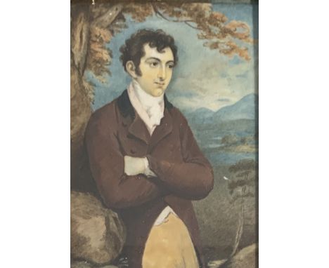 English School, 19th Century  Portrait of Mr. Richardson Standing Half-length in a Brown Coat, with Watercolour on vellum Sig