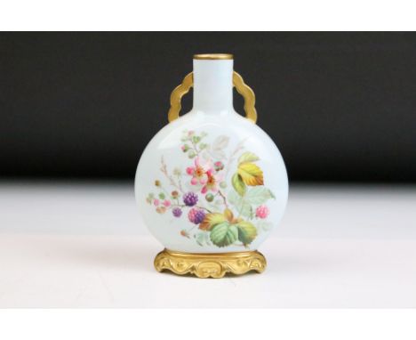 19th Century Royal Worcester small moon flask vase having a blue ground hand painted with floral sprays with gilt scalloped h