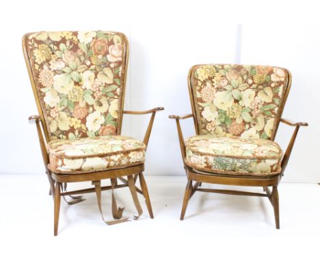 Pair of Mid century Retro Ercol Evergreen Beech wood Armchairs, model 1913, both with floral upholstered seat cushions, both 