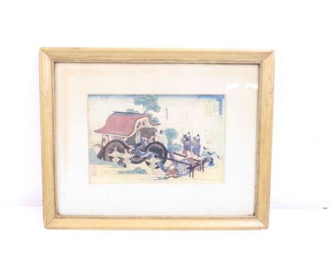 Katsushika Hokusai 1760-1849 antique Japanese print of a noble carriage and figures bearing signature, 16cm x 25cm 
