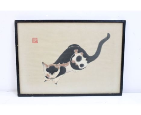 Aoyama Seizan (Active 1930s) framed Japanese woodblock print, cat and butterfly, 27.5cm x 39.5cm 