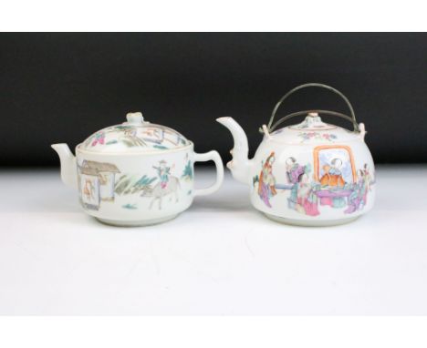 Two 19th Century Chinese tea pots. The first of domed form with hand painted interior domestic scenes to the sides and metal 