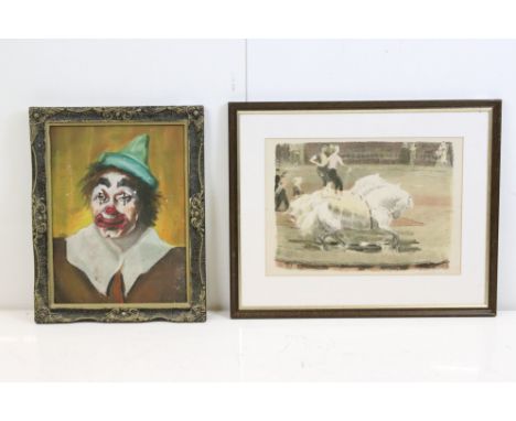 Circus interest - framed signed lithograph of performing artist on horseback and an oil painting of a clown 