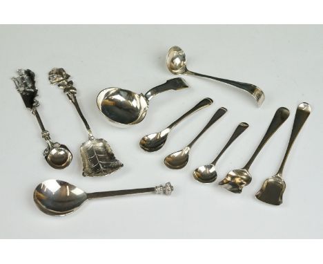 Georgian caddy spoon, pair of Georgian salt shovels and other condiment spoons 
