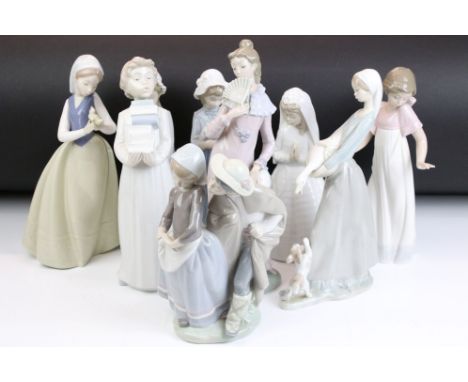 Eight Nao porcelain figurines and one Lladro figurine. The lot to include a bride, group figurine, girl with puppy etc. Talle