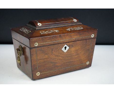 19th Century wooden sarcophagus tea caddy box having mother of pearl inlay to the sides and lid with brass swing handles and 