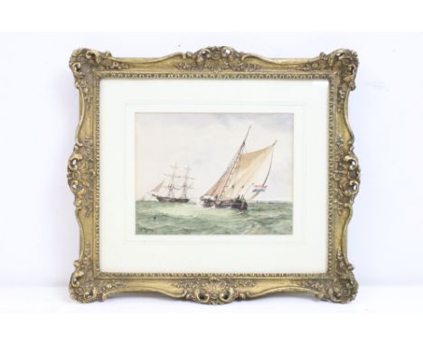 Robert Moore (b. 1905) Watercolour Seascape with French Sailing Boat and Sailing Ships, signed lower left, 15cm x 19cm, frame