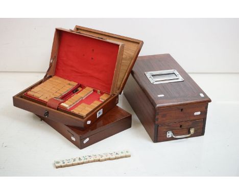 An early 20th century wooden shop cash till together with a Mahjong set contained within two wooden boxes. 