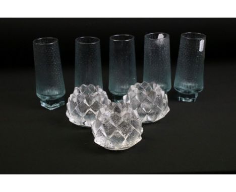 Set of five mid Century Tapio Wirkkala long glasses having moulded textured sides together with three mid century Orrefors te