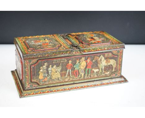 A Huntley &amp; Palmers c.1900 biscuit tin in the form of a Georgian tea caddy with embossed medieval designs. 
