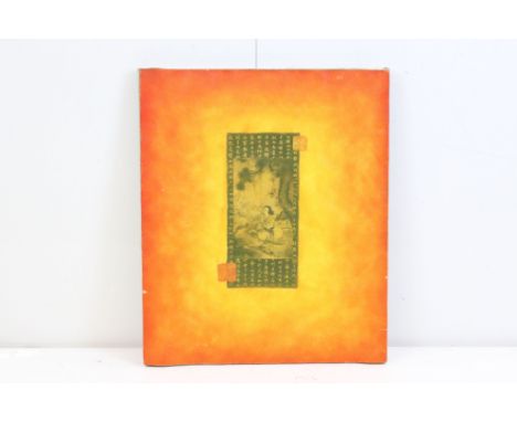 Chinese Picture on Canvas with an image of a Scroll within a bright orange ground, 50cm x 60cm 