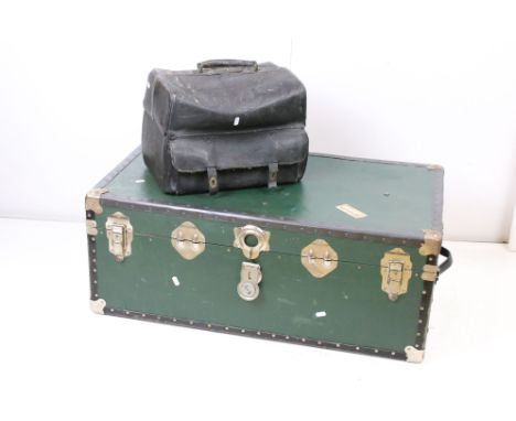 Late 19th / Early 20th century Leather Doctor's or Apothecary Bag together with a Green Travelling Trunk 