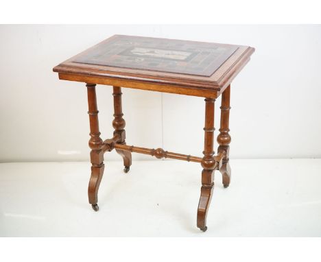 Victorian Oak Table set with an Italian Specimen Marble Top, the central panel depicting a seascape with a man fishing and a 