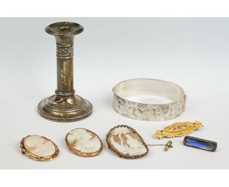 Hallmarked silver candlesticks, 9ct gold brooch, Silver Butterfly Brooch, Three Cameo Brooches and a sterling silver bangle. 