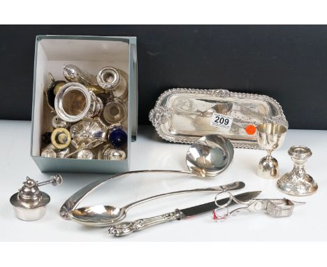 A set of candle snuffers, a pastry server, soup ladle, a double egg cup measure and assorted condiments etc. 