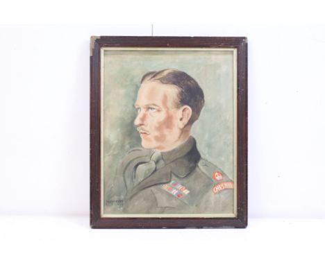 Herman Klusmeyer 1947 watercolour portrait of a army major of the Cheshire Regiment having served in the 8th army, 38cm x 30c