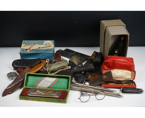 A box of mixed collectables to include Cut Throat razors, Harmonica, Jack knife, spectacles....etc. 