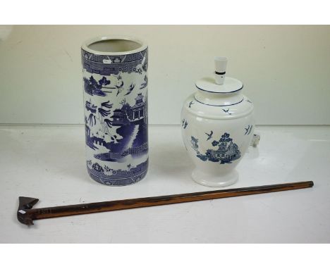20th Century Chinese stick stand / cylindrical vase having purple printed landscape scenes to the sides together with a simil