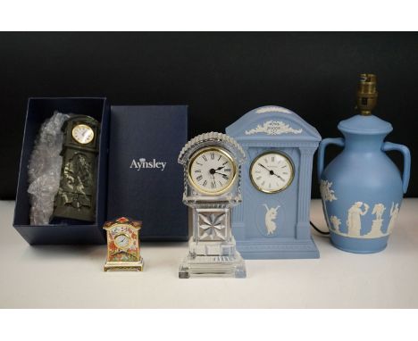 Wedgwood Jasperware millennium mantle clock, Dudson Jasperware twin handled lamp base, Royal Crown Derby Haiku miniature cloc
