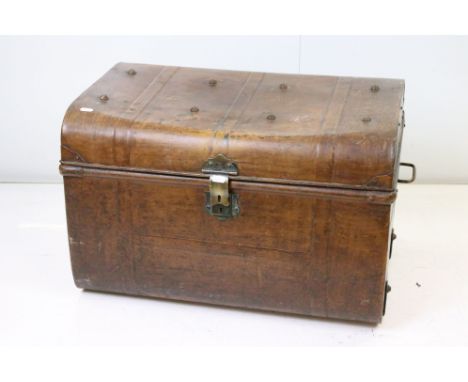 Victorian Oak Square Box Stool, 47cm wide x 40cm high together with a Canvas Suitcase and a Tin Trunk 