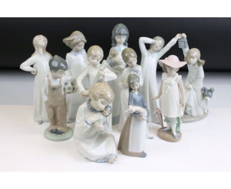 Group of nine Nao figurines and two Lladro figurines. The Lladro to include a girl with hands on her hips and girl holding a 