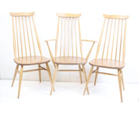 Set of Six Ercol Pale Beech and Elm ' Goldsmith ' Dining Chairs, including two carvers, model 369 