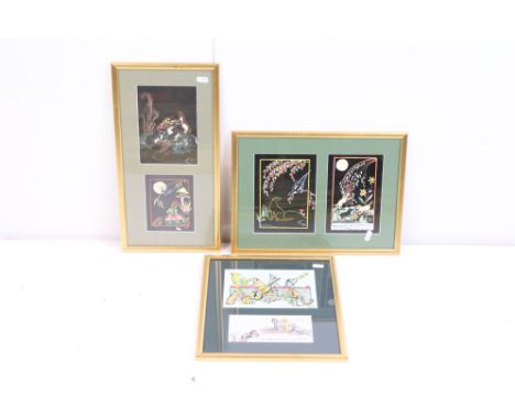 Two framed pairs of hand coloured illustrative prints featuring animals, together with a pair of framed dog prints by the sam