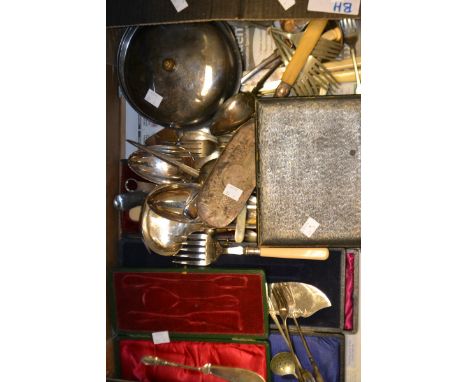 Silver Plate - an ivorine handled toasting fork; a large soup serving ladel; another; serving spoons; fish servers; muffin di