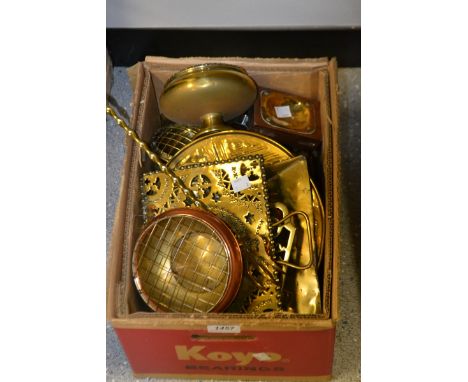 Brass and Copperware - a Salter's spring balance No2; a single ejector candlestick, trivet, rose bowl, toasting fork; qty (1 