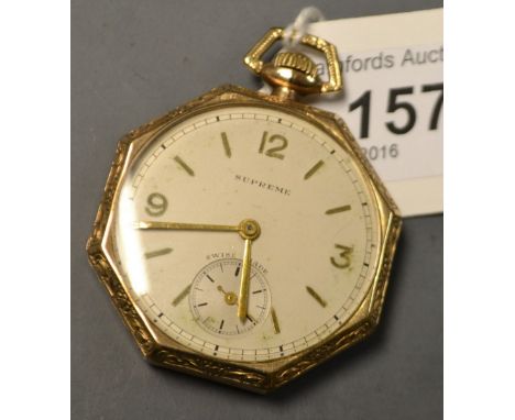 A hexagonal Art Deco Supreme gold plated dress pocket watch, silvered dial, Arabic numerals, subsidiary seconds, engine turne