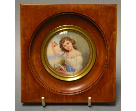 French School, a portrait miniature, of a young girl with cherries, signed, watercolour on ivory