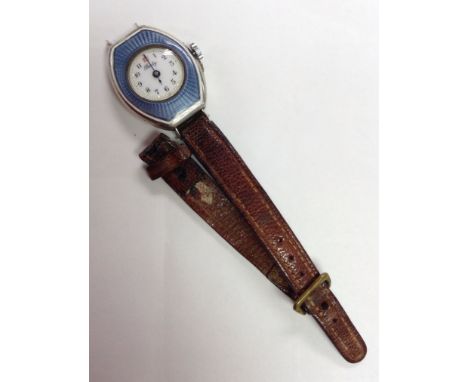 A Berty 935 silver and enamel Art Deco wristwatch, rounded rectangular case, white dial, Arabic numerals, blue guilloche enam