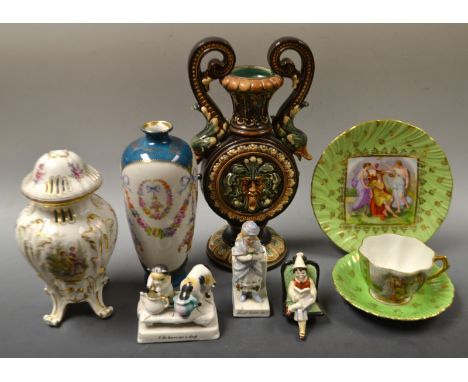 Ceramics - a Continental pottery Mettlach style twin handle moon flask;  a Dresden style jar and cover;  table china etc