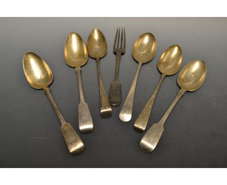 A pair of George IV silver serving spoons, London 1829; four others similar; a Victorian silver table fork, London 1870, 15oz