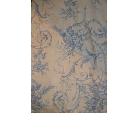 Textiles - a large pair of Laura Ashley linen union curtains, scroll arm and Acanthus swags, multi tone blue on cream ground;