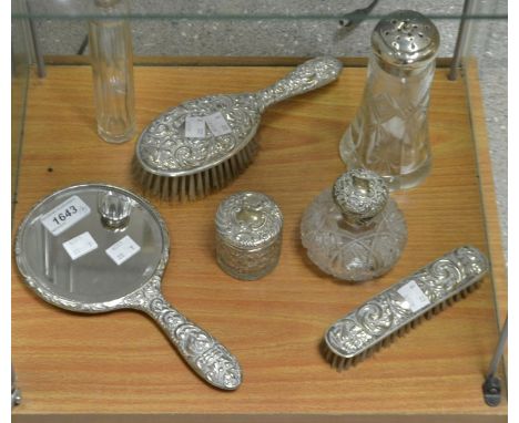 An Edwardian silver top dressing table jar Birmingham 1903, similar hair brush, hand mirror, scent bottle, jars, George V sil