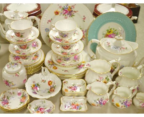 A Royal Crown Derby Posie pattern teapot, coffee pot, six teacups, saucers and tea plates; set of five graduated jugs; ginger