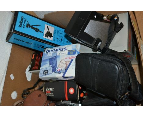 Cameras - a Canon 35mm camera, Canonet QL25; an Olympus 35mm camera OM10; accessories, tripod, Vivitar 2500 flash, boxed; qty