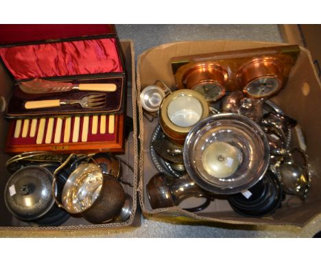 A late Victorian set of twelve table knives and forks, engraved mahogany case; fish servers; a wall barometer; EPBM biscuit b