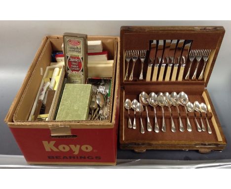 An oak canteen; flatware; Epns forks and spoons; table knives, boxed; pickle fork; stainless steel; qty (1 box)