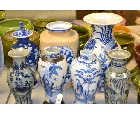 A Chinese blue and white temple jar, painted with geisha in landscape, four character marks to base;  others (7) (faults)