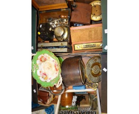 Boxes & Objects - an early 20th century oak mantel clock; a biscuit barrel; silver plated ware; etc (2)