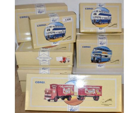 Corgi Toys - Commercials, J Ayers A.E.C Mercury Truck and Trailer;  Nottinghamshire AEC Pump Fire Engine;   Bedford Ob coach 